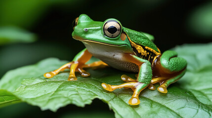 Close-up of a vibrant green tree frog with distinct yellow and black markings sitting on a leaf, with a blurred natural green background.