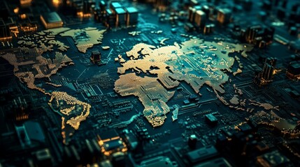 Global Semiconductor Supply Chain Map, intricate visualization showcasing interconnections, geopolitical tensions, production hubs, and trade routes across various regions.