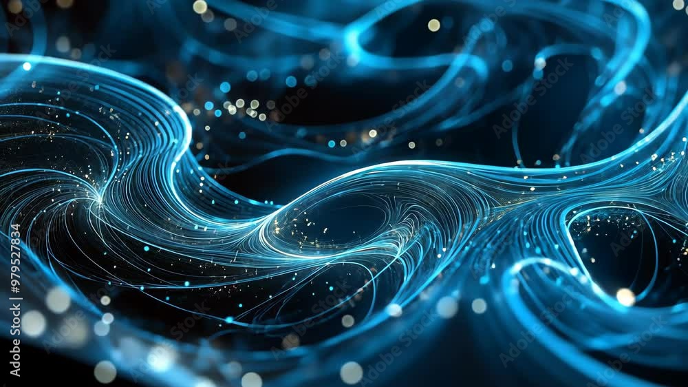 Poster captivating blue light waves undulating with sparkling particles at nighttime in a dark environment