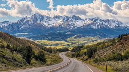 Fototapeta premium A scenic mountain road with dramatic switchbacks and breathtaking views of snow-capped peaks and valleys, capturing the grandeur of the landscape.