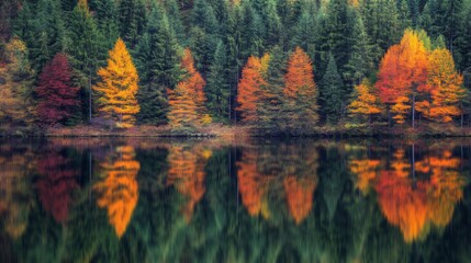 Obraz premium Autumnal Forest Reflected in a Calm Lake