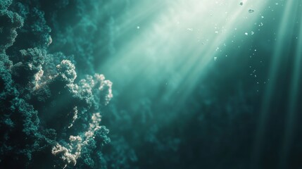 Obraz premium Sunlight filtering through water illuminates underwater coral reef scene