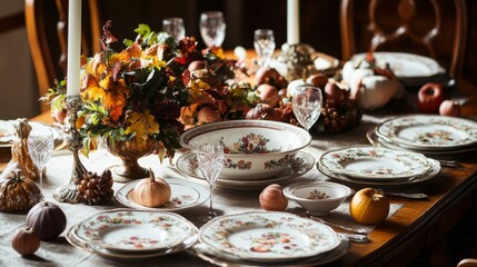 Autumnal Table Setting with Fine China and Pumpkins