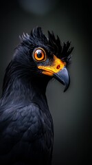 Fototapeta premium A tight shot of a black bird against a black backdrop, its yellow beak sharply contrasting in clarity with the surrounding blur