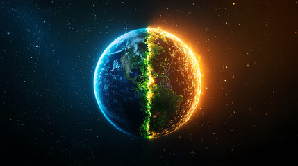 Fototapeta premium A stunning depiction of a split Earth, showcasing contrasting elements of nature with vibrant colors and cosmic elements.