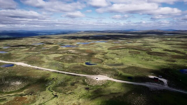 Explore the majestic high Fell of Flatruet in Sweden, featuring a country road surrounded by vast barren Moorland and stunning aerial views of the landscape in J&auml;mtland, H&auml;rjedalen