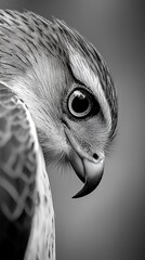  A tight shot of a bird's visage featuring a monochrome image of its piercing eye