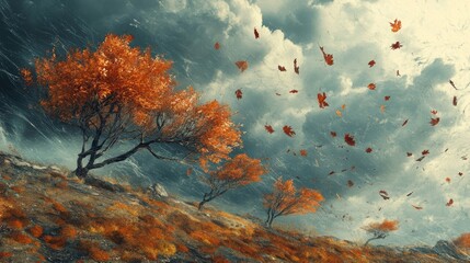 Autumnal Trees and Falling Leaves in a Windy Landscape