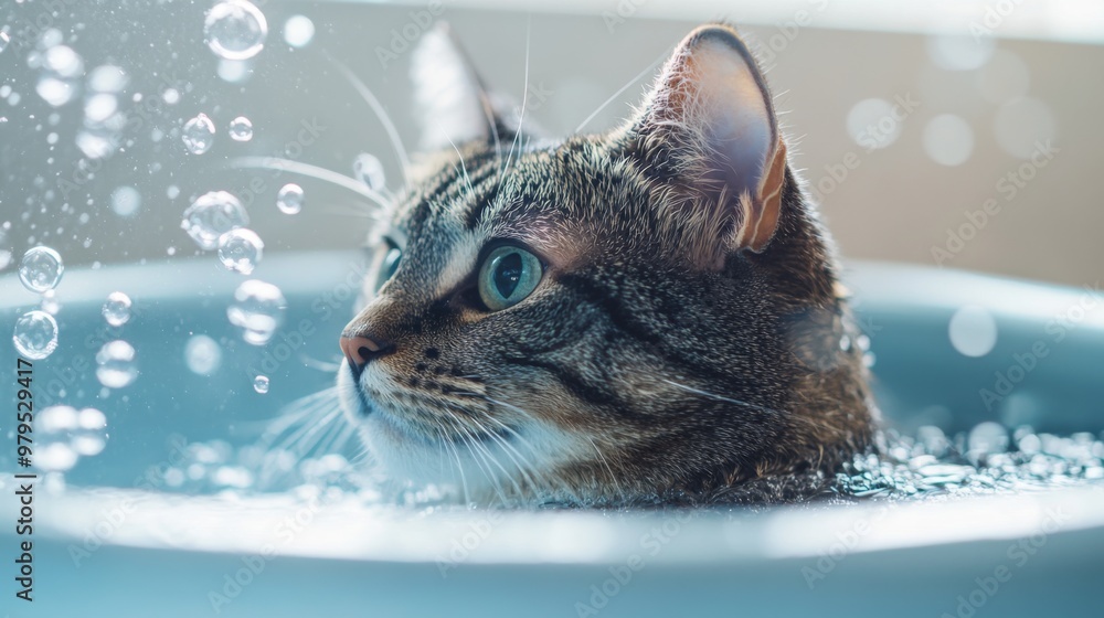 Poster A serene image of a cat calmly sitting in a bath, with a gentle stream of water flowing over it and bubbles forming around its fur, emphasizing a peaceful bathing experience.