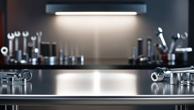 A metal blank tabletop with blurred automotive tools and parts in the background suitable for promoting automotive products