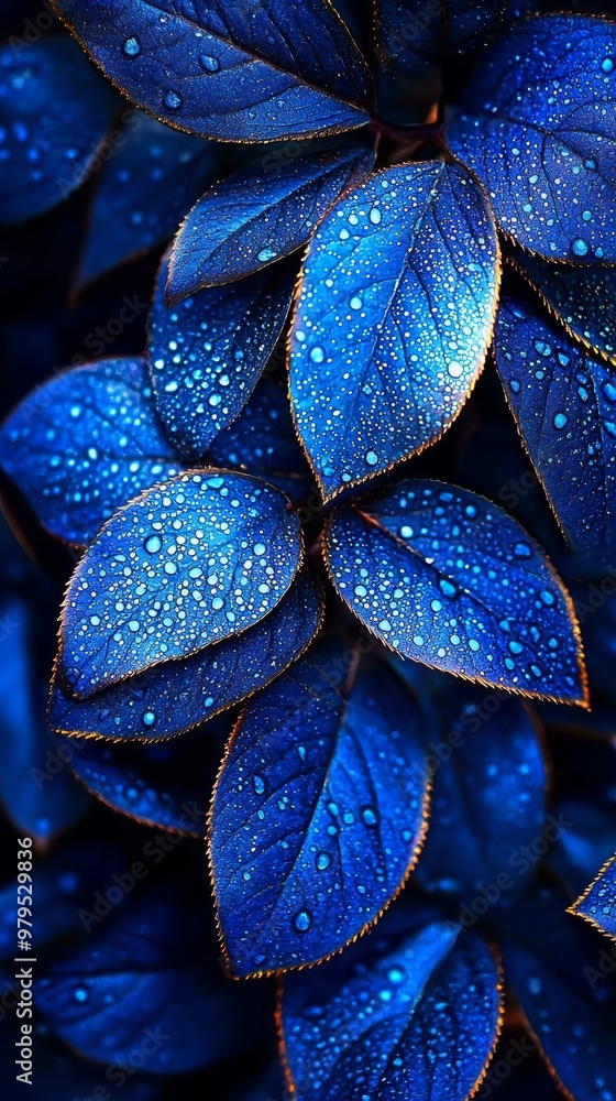 Sticker  A tight shot of several blue leaves, adorned with water droplets at their surfaces and tips