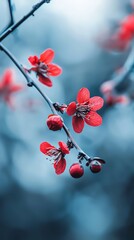  A branch adorned with red flowers against a hazy sky background