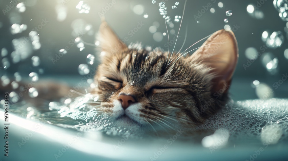 Poster A serene image of a cat calmly sitting in a bath, with a gentle stream of water flowing over it and bubbles forming around its fur, emphasizing a peaceful bathing experience.
