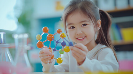 Little girl having fun holding molecular model to learn chemistry science in classroom, science lab, concept, learning, intellectual development