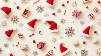 Cute 3D Christmas pattern featuring tiny Santa hats, snowflakes, and holiday treats, perfect for a joyful festive backdrop.