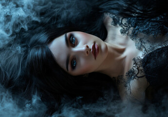 A woman with long black hair is laying on the ground in a dark room with smoke