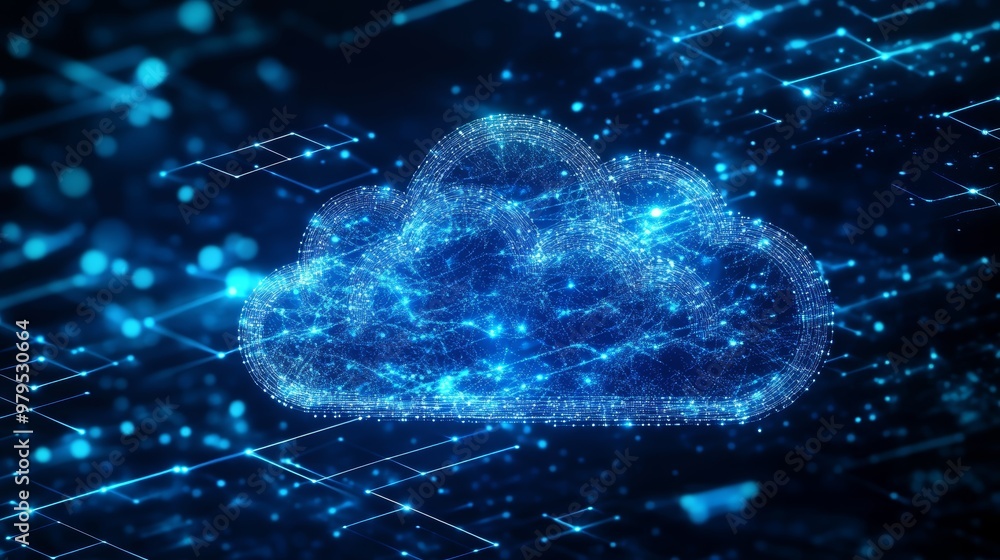 Aufkleber blue digital cloud icon with glowing particles, representing data storage and connectivity in a futu