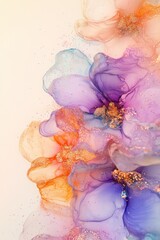 Alcohol ink painting of pastel colors with glitter on top of flowers in a close up view, with a...