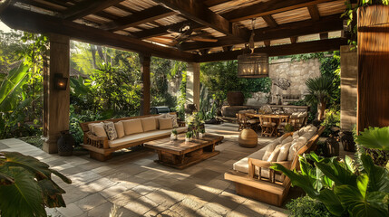 Fototapeta premium A luxurious open-air living room surrounded by lush greenery, featuring wooden furniture, natural stone floors, and cozy seating under a pergola