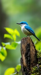 Obraz premium A blue-and-white bird perches atop a tree stump amidst a lush, green forest backdrop of leafy foliage