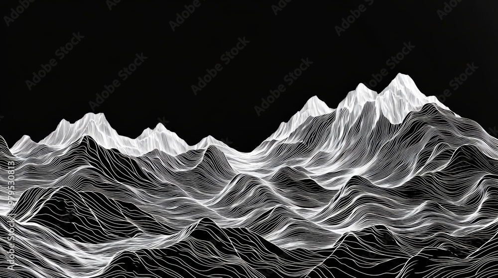 Poster Abstract monochromatic mountain landscape with flowing lines creating a dynamic visual effect against a dark background.