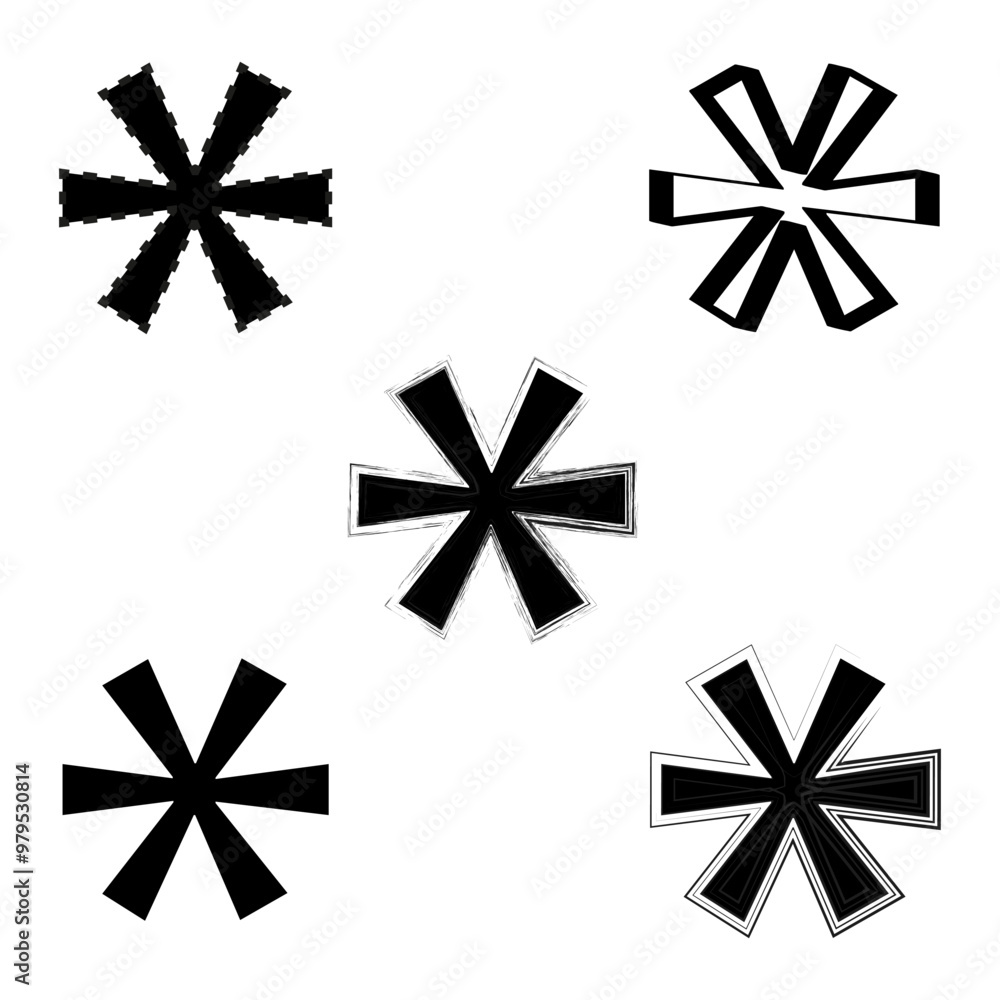 Poster asterisk icon set. stylized black star symbols. variations with different line effects. vector illus