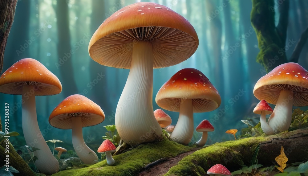 Poster a cluster of enchanting mushrooms with vibrant red caps and white speckles stand tall in a mystical 
