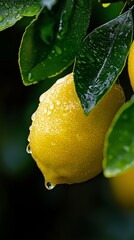  Close-up of a lemon on a tree against a black backdrop, adorned with water droplets on its leaves