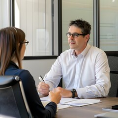 Manager Conducting a One-on-One Meeting with an Employee, Seated in a Private Office with Neutral Expressions and Natural Lighting