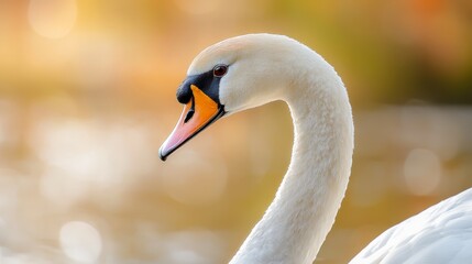 Fototapeta premium A tight shot of a white swan with an orange beak and a head adorned with black and orange stripes