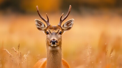 Obraz premium A tight shot of a deer, its antlered head prominent, amidst a towering grass field