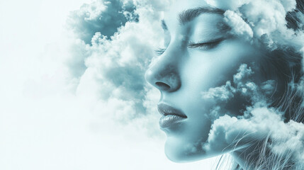 A woman's face is shown in a cloud-filled sky