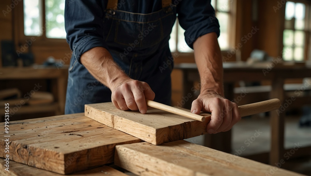 Poster carpenter aligning wood planks with a mallet and dowel rods in a rustic setting.