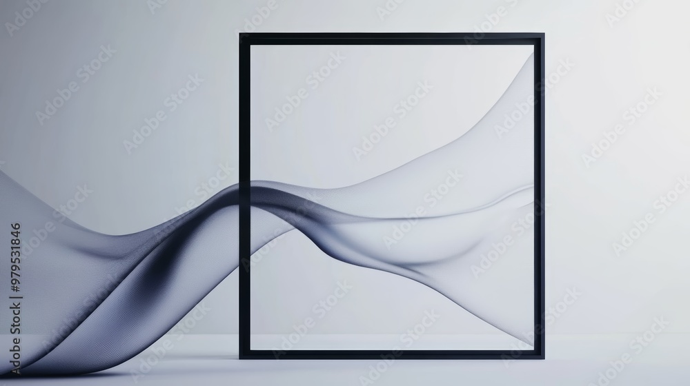 Poster a minimalistic black frame surrounded by soft, flowing waves, creating an abstract and serene compos