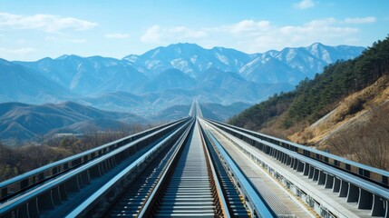 Fototapeta premium A shot of the high-speed train's tracks stretching into the distance, framed by scenic mountains and clear skies, symbolizing modern travel