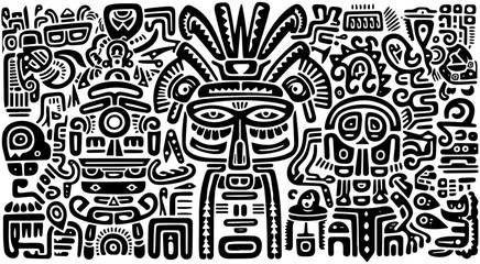 Aztec and Mayan tribal Doodle face background