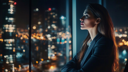Businesswoman using laptop computer sitting for a long time near window at night.