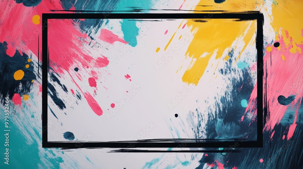 Poster vibrant abstract background featuring colorful splashes and a bordered frame, perfect for creative p