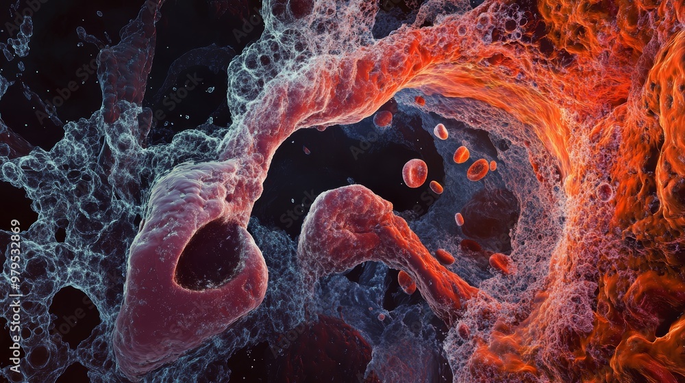 Poster intricate microscopic view showcasing vibrant cells and fluid structures, representing the complexit