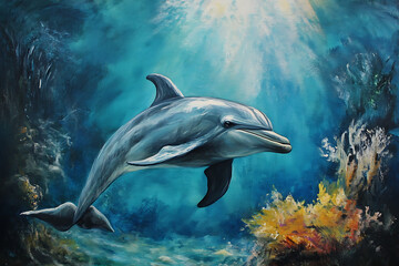 Obraz premium A vibrant underwater scene featuring a dolphin swimming among coral reefs.
