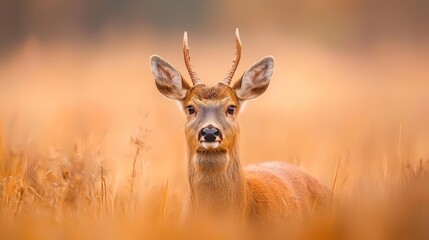 head turned sideways..Or, for a more concise version:..Close-up of deer in tall grass,