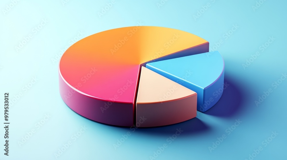 Poster a side view of a 3d pie chart with shadows and depth effects, demonstrating the proportions of each 