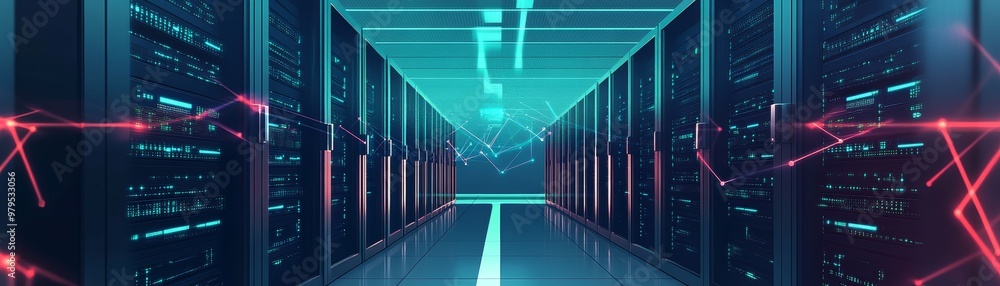 Poster futuristic data center featuring advanced server racks with glowing lights, representing technology 