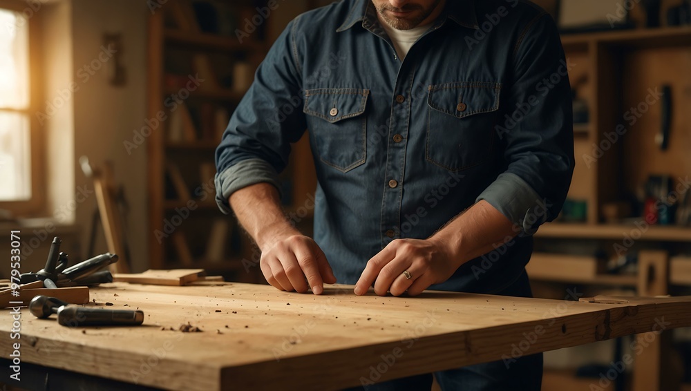 Poster carpenter assembling a wooden bookshelf in a warm workshop with tools nearby.