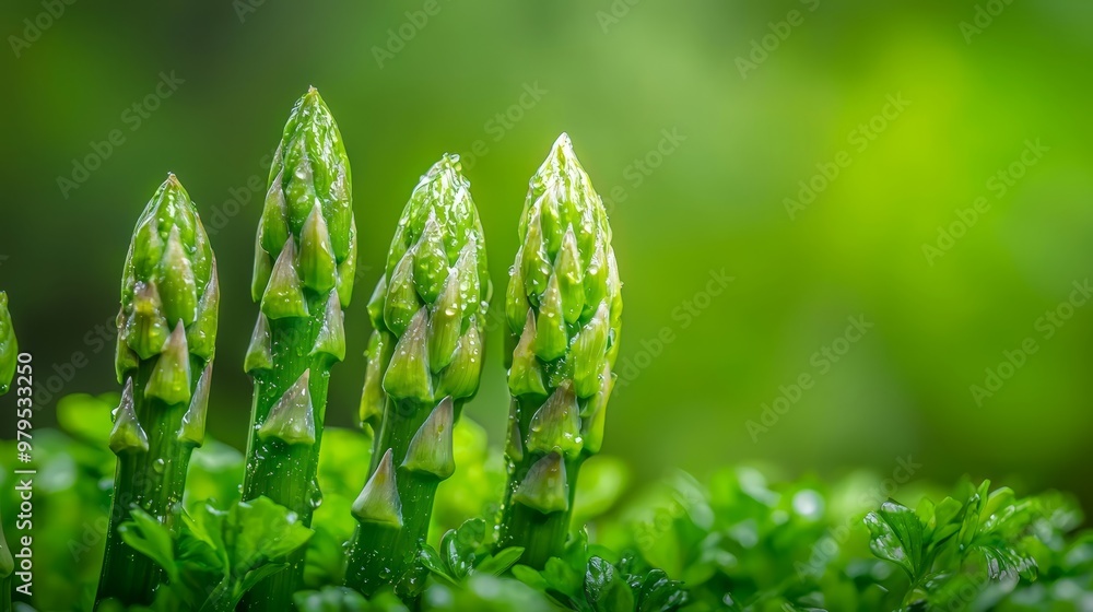 Wall mural a tight shot of verdant foliage, adorned with dewdrops on its leaves, against a softly blurred backd