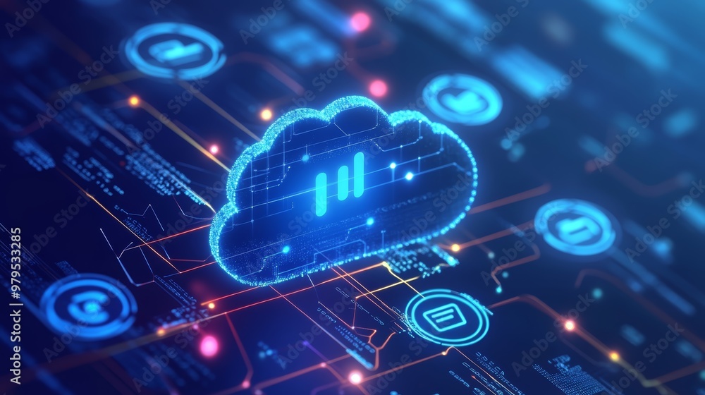 Poster digital cloud technology with glowing icons, representing data storage, connectivity, and modern com