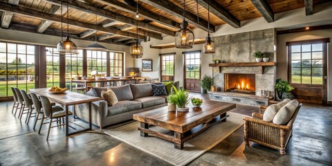 rustic modern farmhouse concrete floors reclaimed wood furniture distressed finishes earthy tones warm cozy afternoon atmosphere