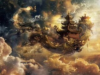 A majestic golden dragon carries a traditional Chinese temple through a swirling galaxy of stars and clouds.