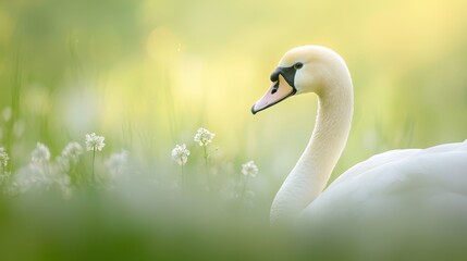 Obraz premium A tight shot of a swan amidst a sea of grass and blooms, surrounded by a hazy backdrop of similar vegetation