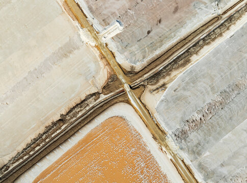 Aerial view of Saline ponds at the Bonanza salt works near Sanl&uacute;car de Barrameda. C&aacute;diz province, Andalusia, Spain.